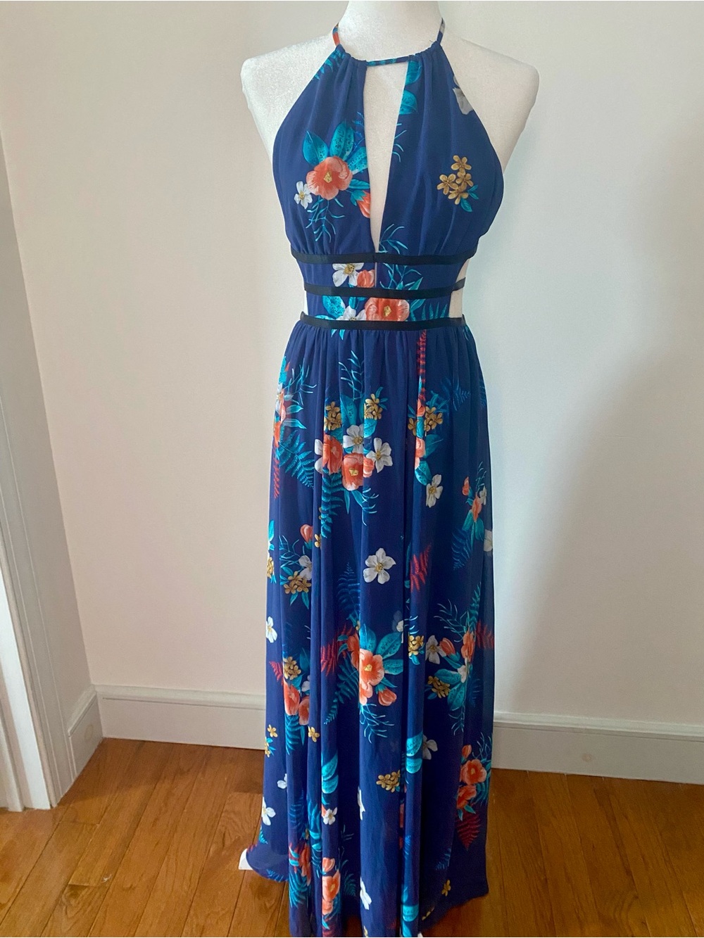 Express Tropical Floral Halter Maxi Dress Open Back Cutout Navy Blue Small
